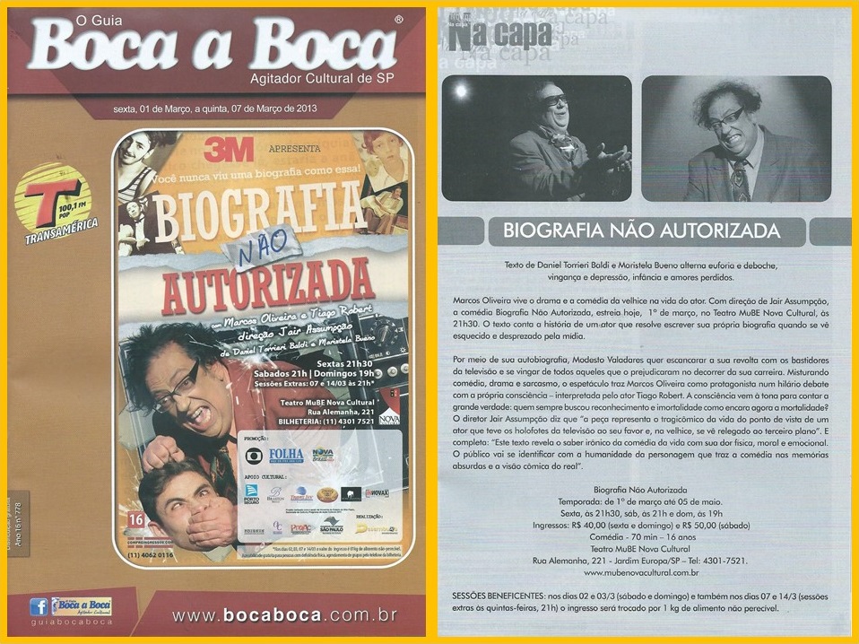 A peça "Biografia Não Autorizada" é destaque do Guia Boca a Boca.